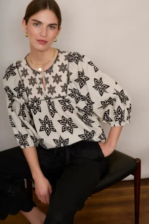 WYSE London Tops-Asley Geo Blouse - Ivory/Black Ikat