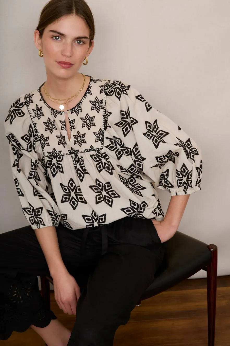 WYSE London Tops-Asley Geo Blouse - Ivory/Black Ikat
