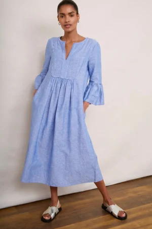 WYSE London Linen-Billie Scallop Dress - Blue