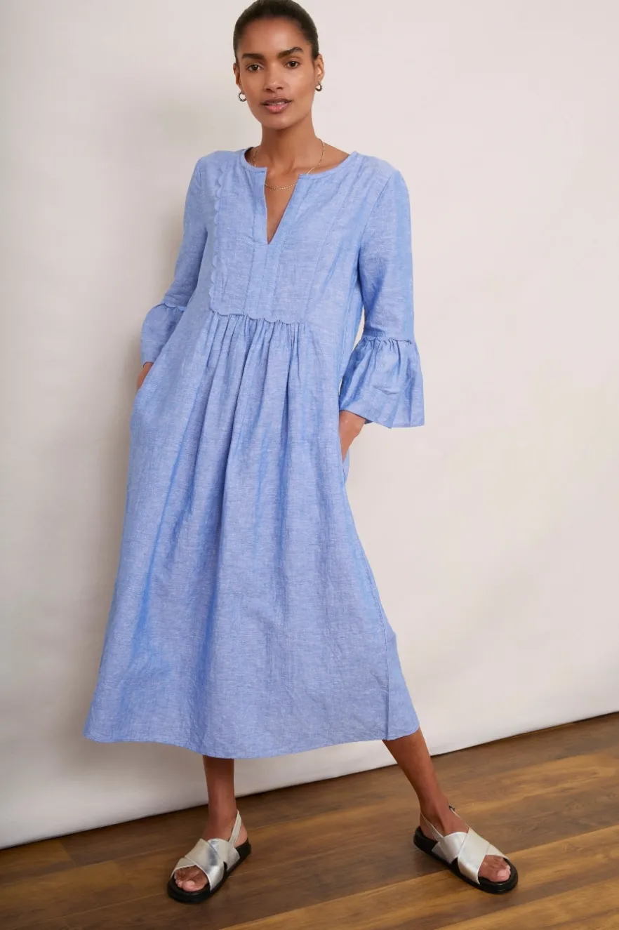 WYSE London Linen-Billie Scallop Dress - Blue