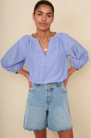 WYSE London Shorts-Brielle Long Scallop Short - Mid Wash