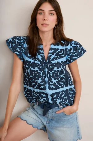 WYSE London Occasionwear-Brodie Embroidered Top - Blue/Midnight