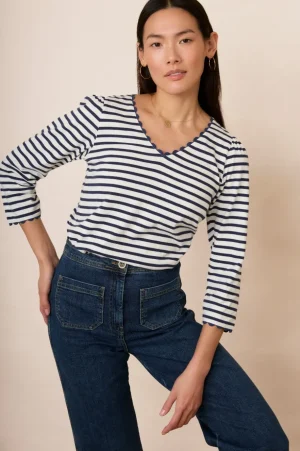 WYSE London Tops-Elyna Ric Rac 3/4 Sleeve Tee - Midnight/Ivory