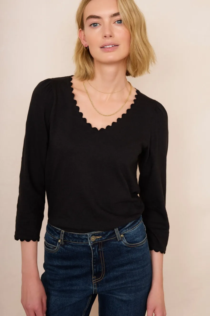 WYSE London Tops-Elyna Ric Rac 3/4 Sleeve Tee - Black