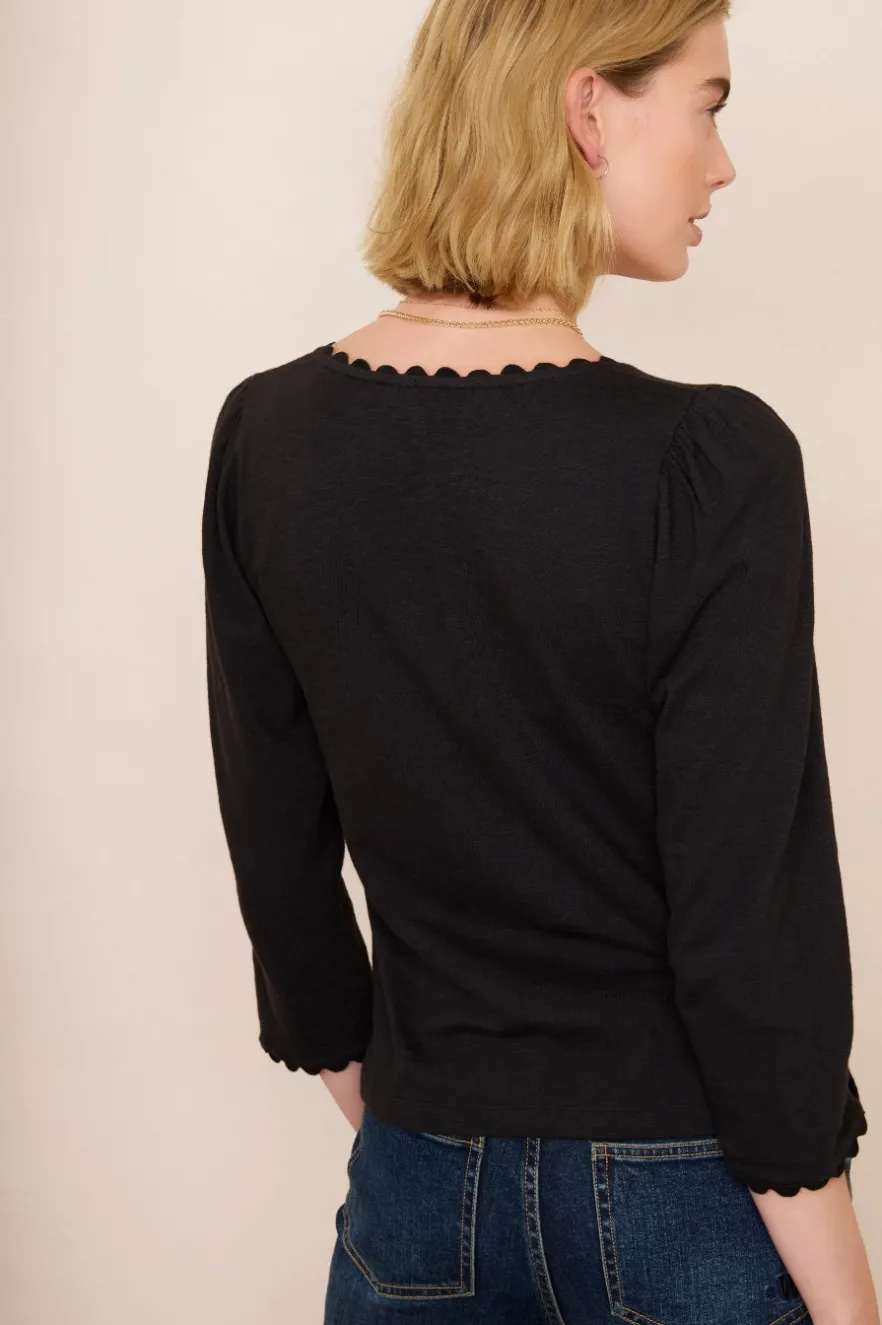 WYSE London Tops-Elyna Ric Rac 3/4 Sleeve Tee - Black