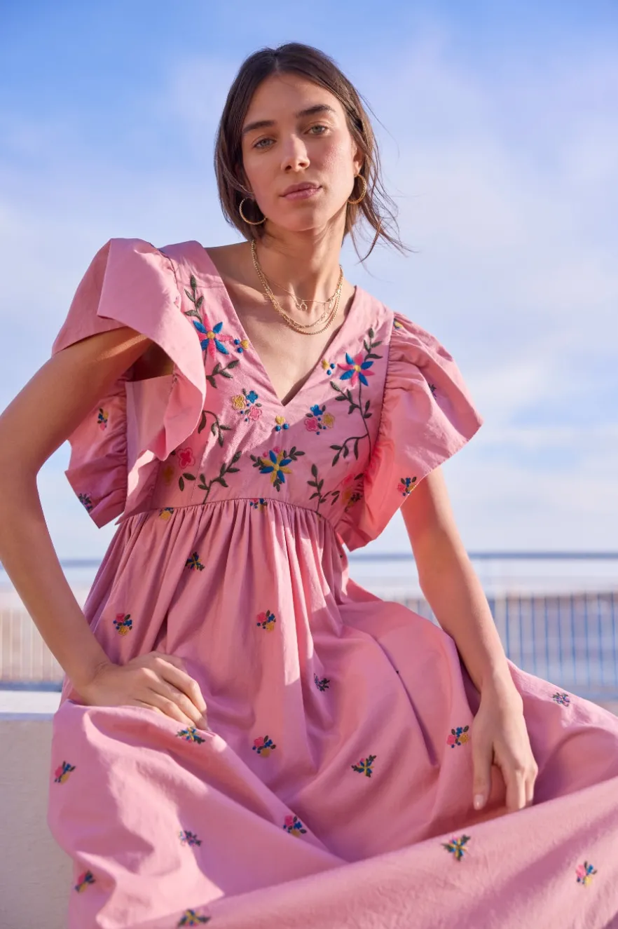 WYSE London Occasionwear-Emmeline Dress - Pink Embroidered