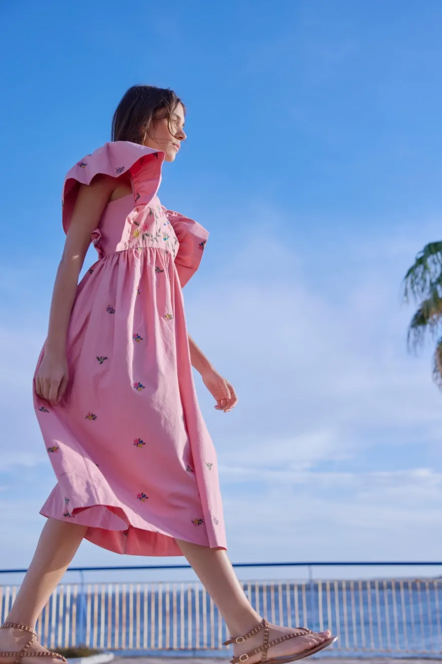 WYSE London Occasionwear-Emmeline Dress - Pink Embroidered
