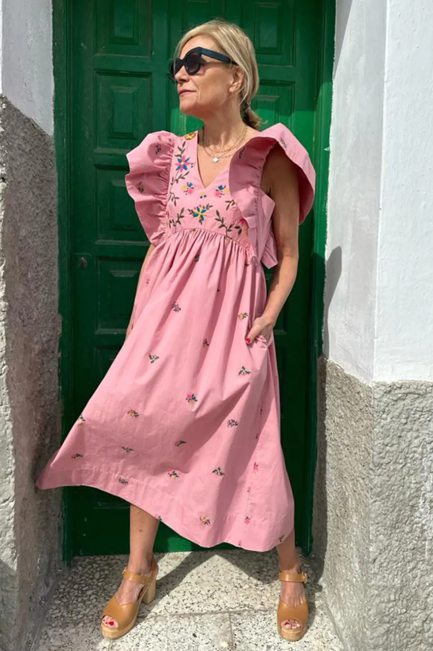 WYSE London Holiday-Emmeline Dress - Pink Embroidered