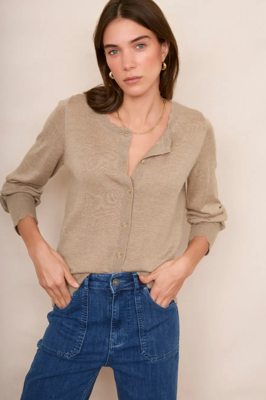 WYSE London Knitwear-Fleurine Scallop Cardigan - Taupe