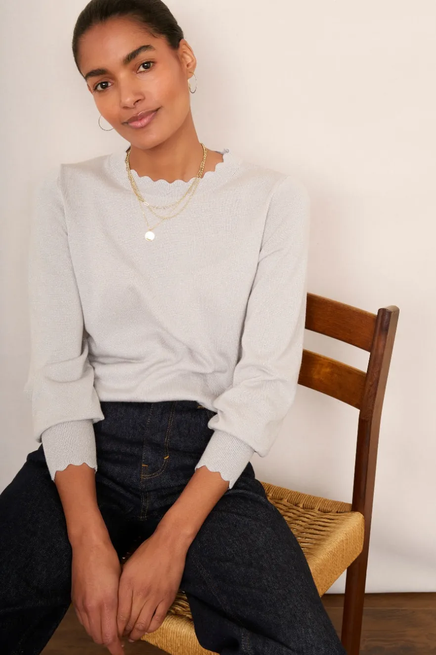 WYSE London Knitwear-Fleurine Scallop Jumper - Light Grey Sparkle