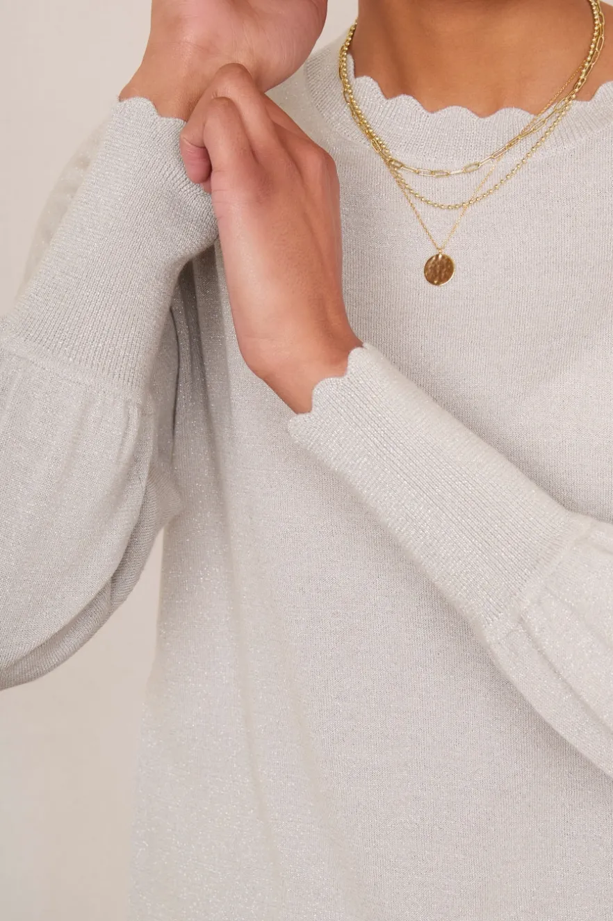 WYSE London Knitwear-Fleurine Scallop Jumper - Light Grey Sparkle