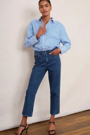 WYSE London Denim-Harper Slim Leg Jean - Embroidered Mid Wash
