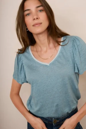 WYSE London Tops-Lily Shimmer Tee - Denim Blue