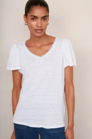WYSE London Linen-Lily Shimmer Trim Linen Tee - White/Silver