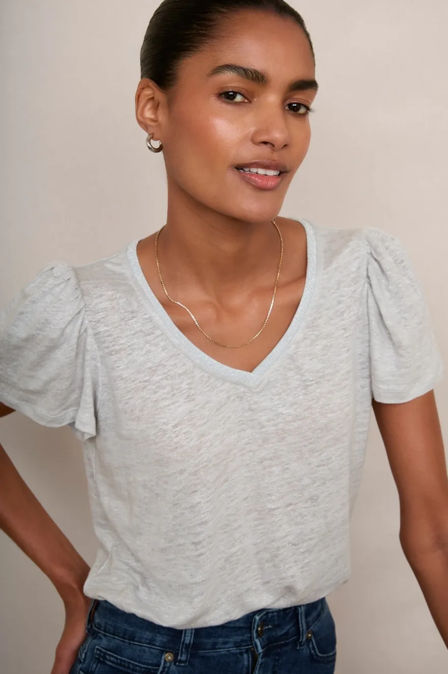 WYSE London Linen-Lily Shimmer Trim Linen Tee - Silver
