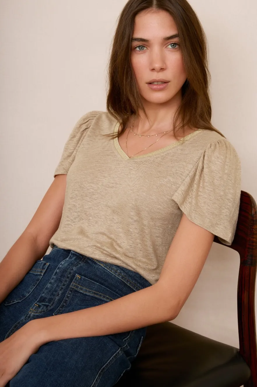 WYSE London Tops-Lily Shimmer Trim Linen Tee - Oat/Gold