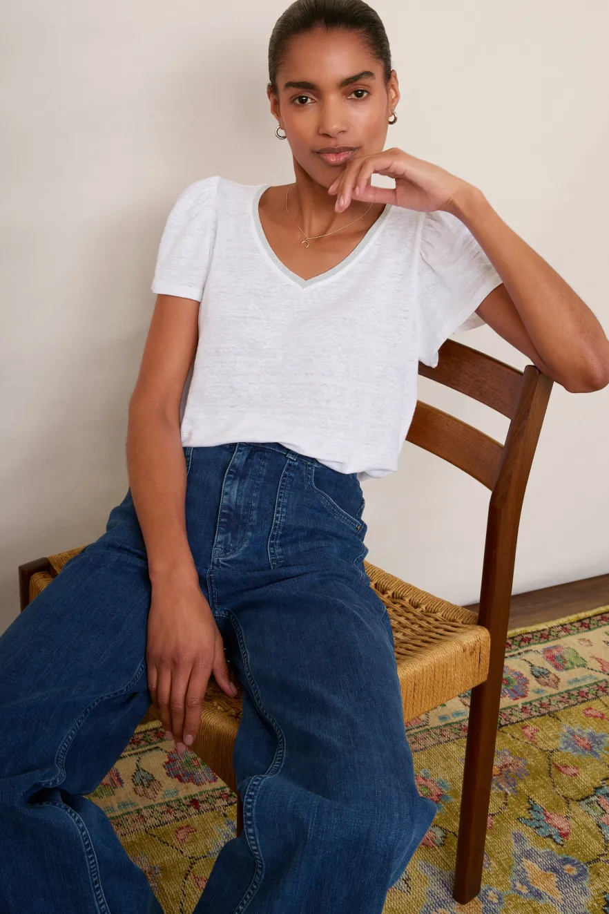 WYSE London Linen-Lily Shimmer Trim Linen Tee - White/Silver