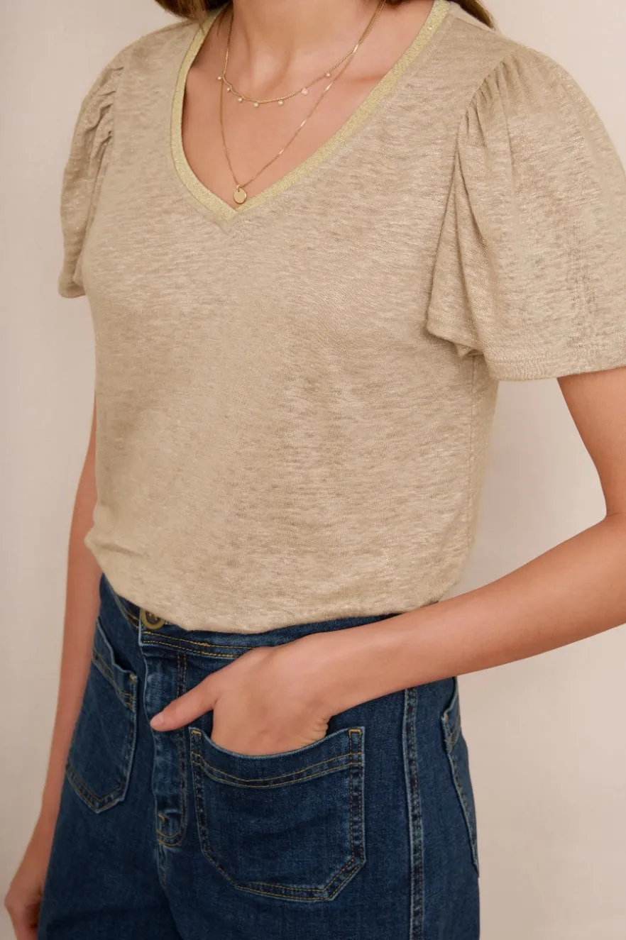 WYSE London Tops-Lily Shimmer Trim Linen Tee - Oat/Gold