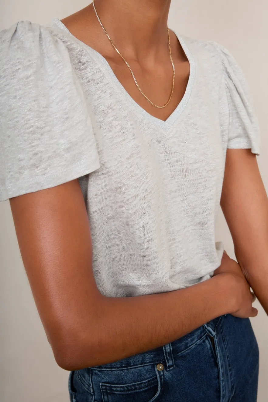 WYSE London Linen-Lily Shimmer Trim Linen Tee - Silver