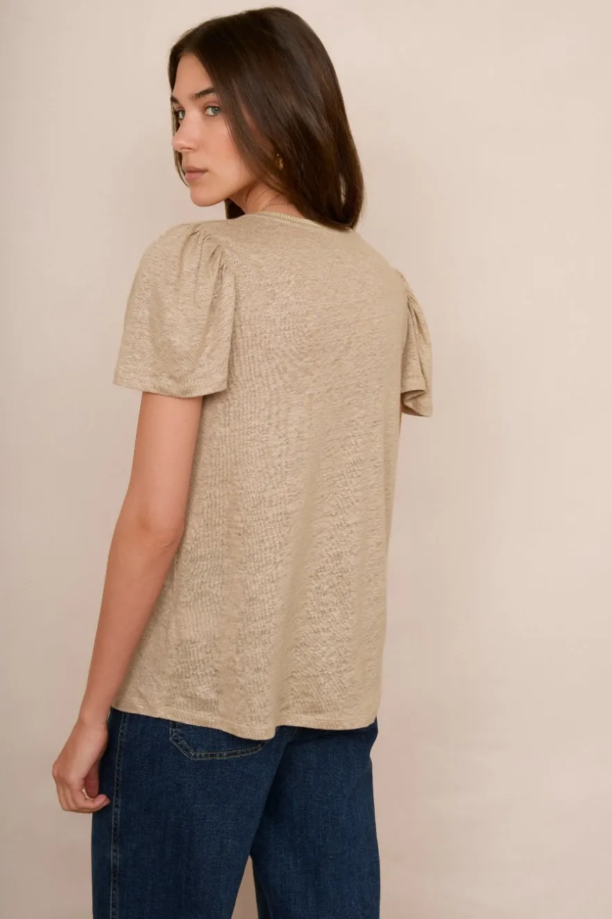 WYSE London Tops-Lily Shimmer Trim Linen Tee - Oat/Gold