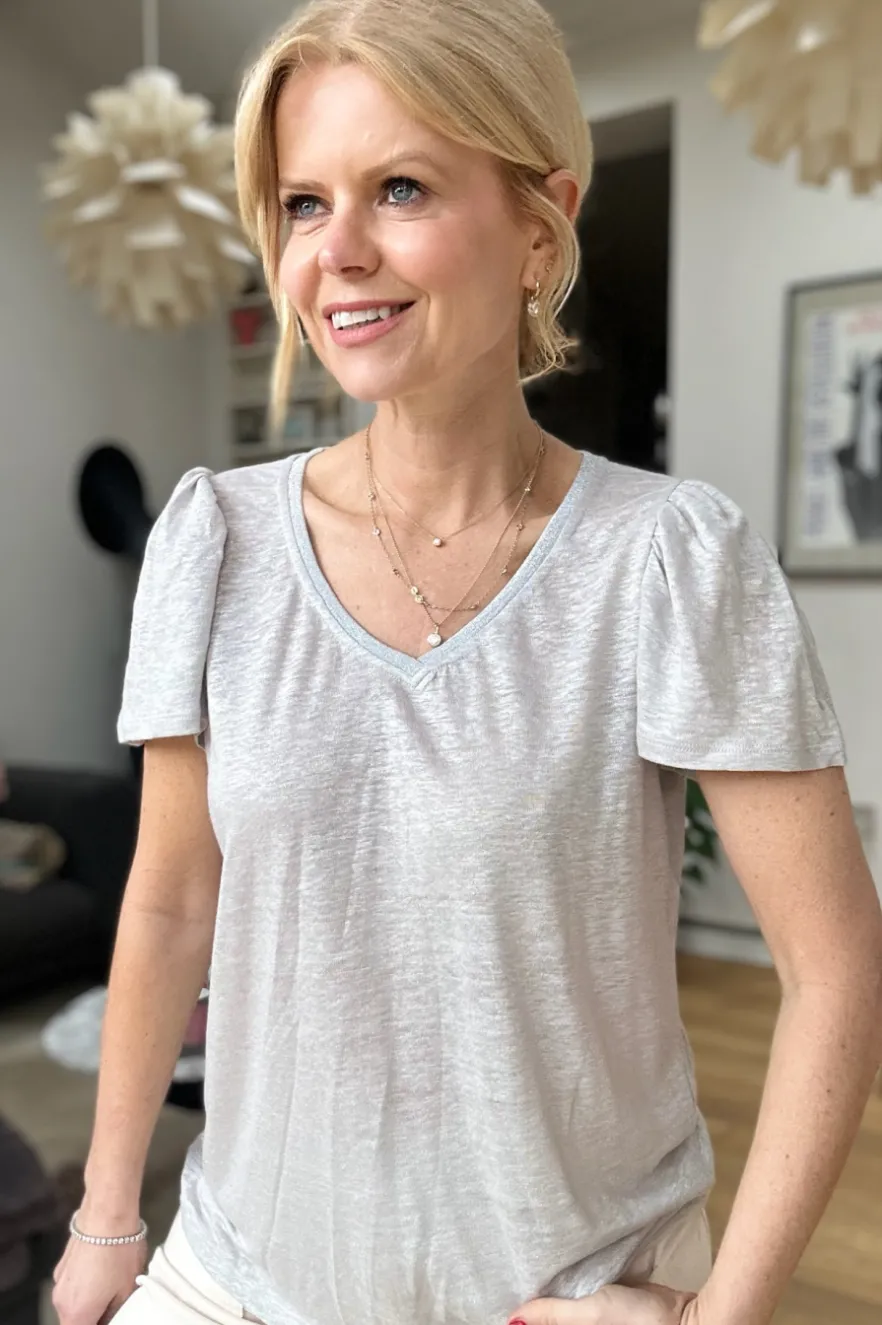 WYSE London Linen-Lily Shimmer Trim Linen Tee - Silver