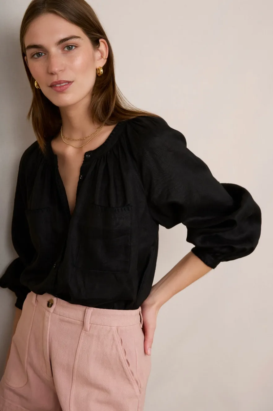 WYSE London Tops-Monica Linen Shirt - Black