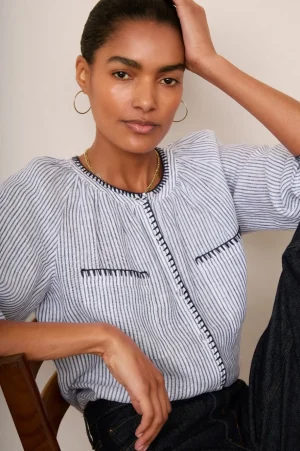 WYSE London Holiday-Monica Linen Shirt - Blue/Ivory