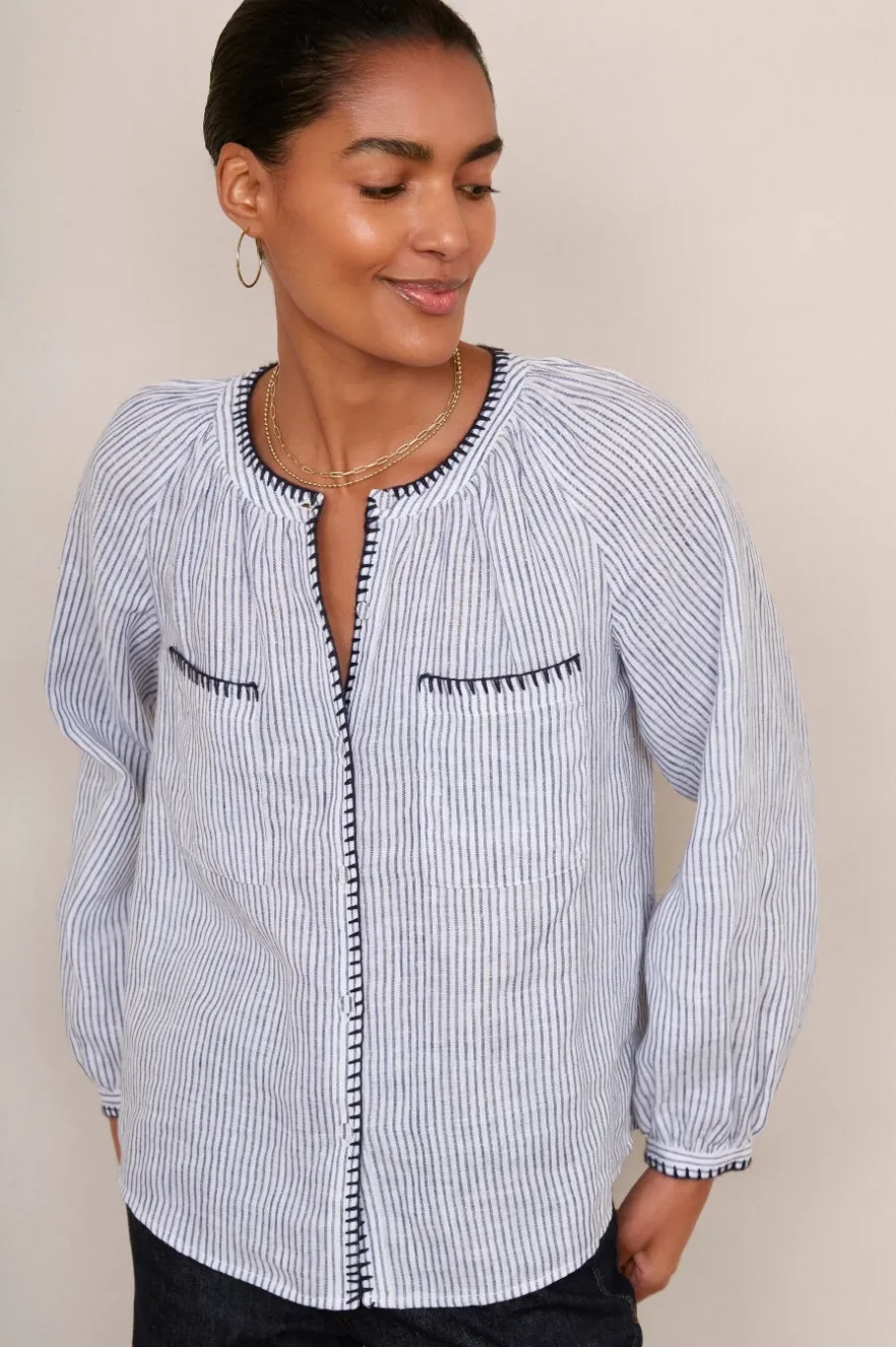 WYSE London Holiday-Monica Linen Shirt - Blue/Ivory