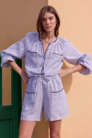 WYSE London Holiday-Monica Linen Short - Ivory/Blue Stripe