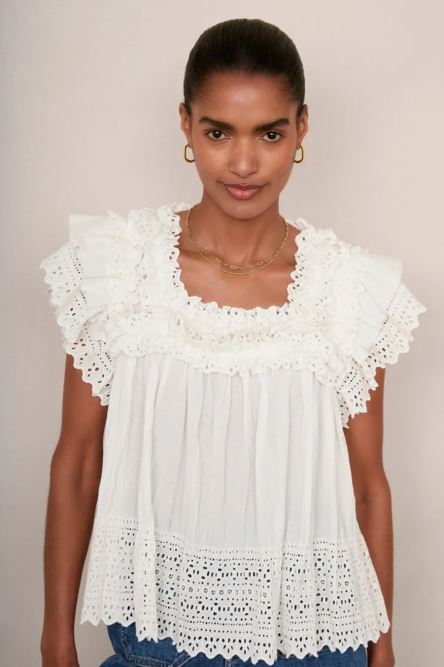 WYSE London Tops-Myla Broderie Top - Ivory