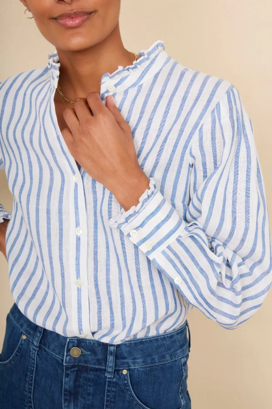 WYSE London Linen-Paris Linen Frill Shirt - Blue Stripe