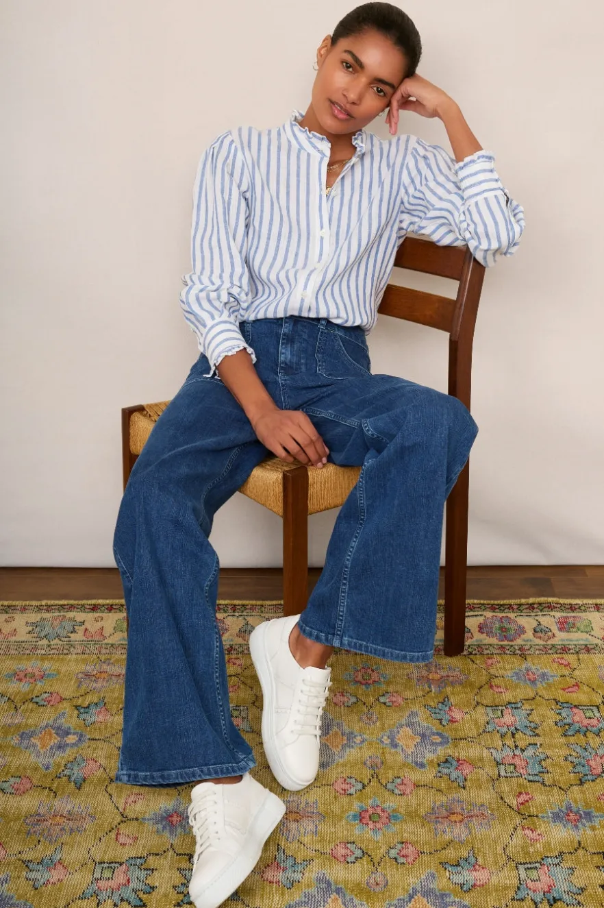 WYSE London Holiday-Paris Linen Frill Shirt - Blue Stripe