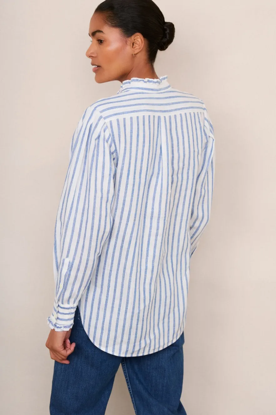WYSE London Linen-Paris Linen Frill Shirt - Blue Stripe